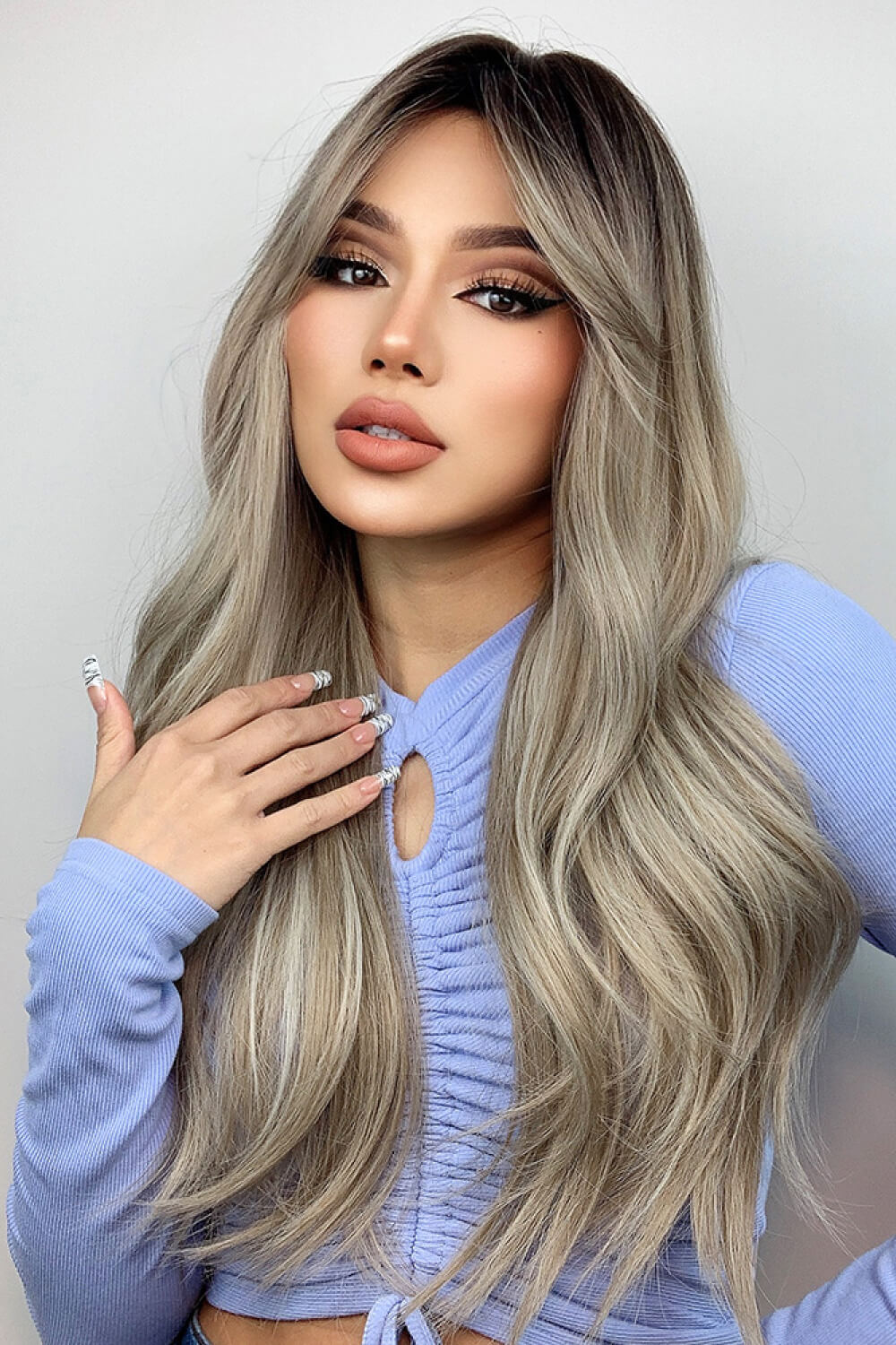 Ombre Wave Frontal Wig in Ash Blonde Balayage with loose waves and a natural hairline.