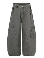 Grey wide-leg cargo pants with multiple pockets and contemporary stitching.