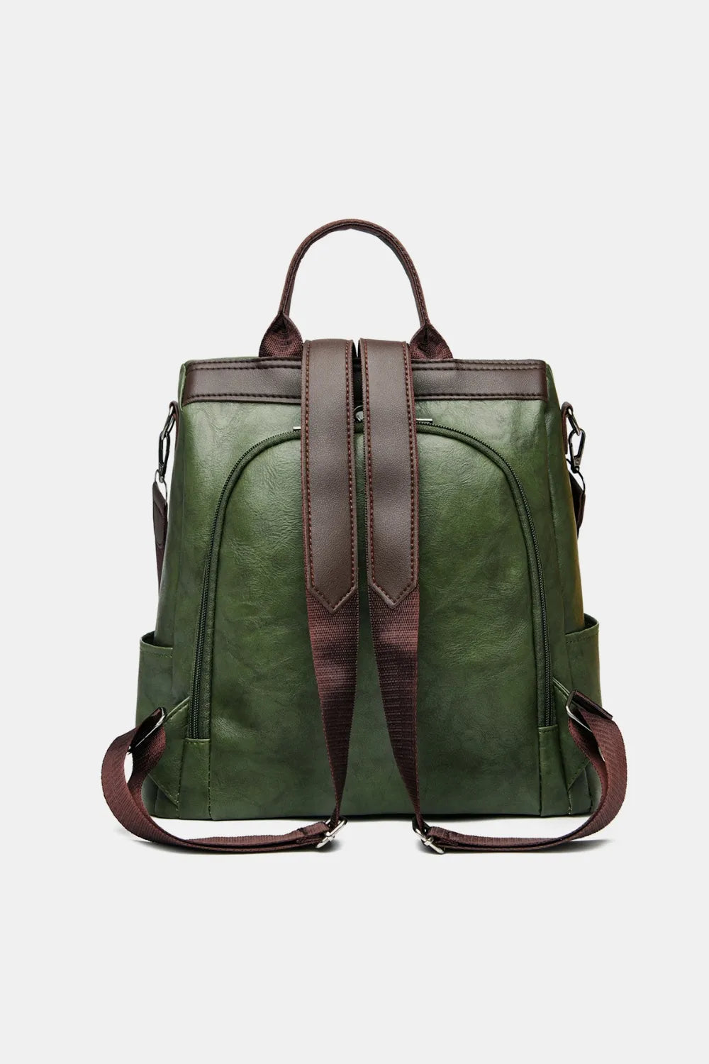 Dark green structured leather convertible backpack with brown straps and trim