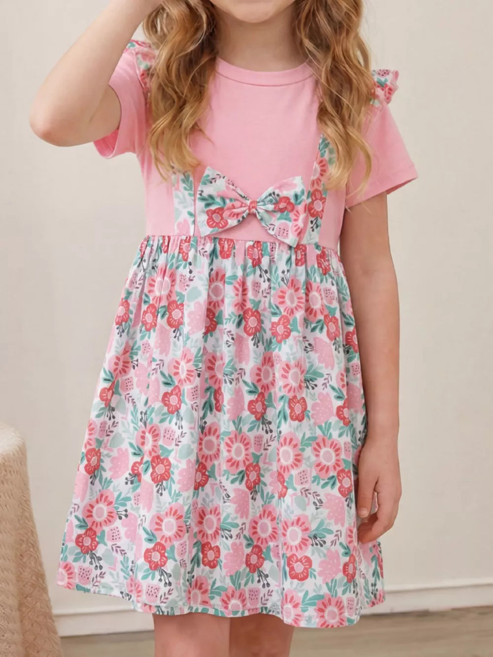 Children's Floral Print Bow Detail Dress, front view