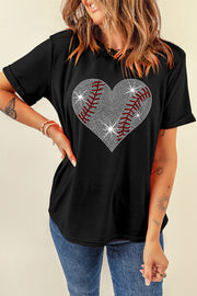 Black cotton t-shirt with rhinestone baseball heart graphic