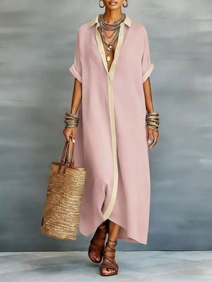 Short Sleeve Maxi Shirt Dress Plus Size in Khaki Color, fit detail