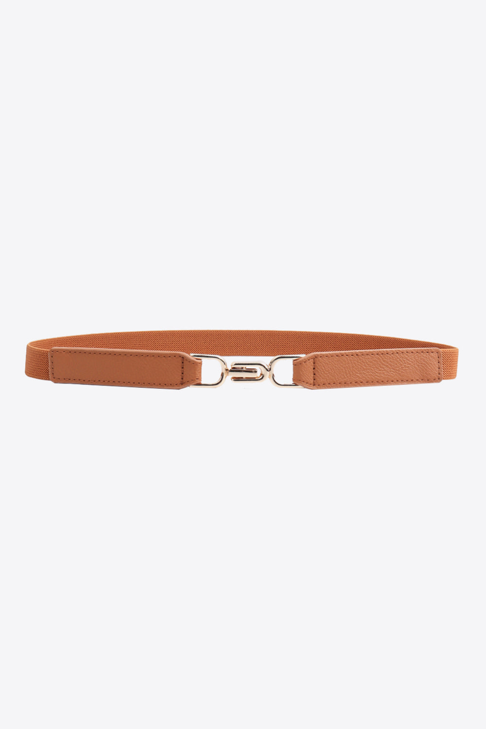 Caramel elasticated hook-clasp waist belt with faux leather ends and gold-tone hardware.