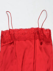 Red satin cami top with lace trim detail and thin spaghetti straps.