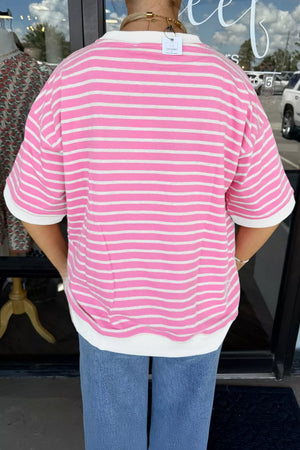Bold stripe round neck t-shirt with white trim and short sleeves.