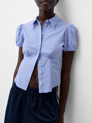 Light blue striped maternity shirt with puff sleeves and gathered waist