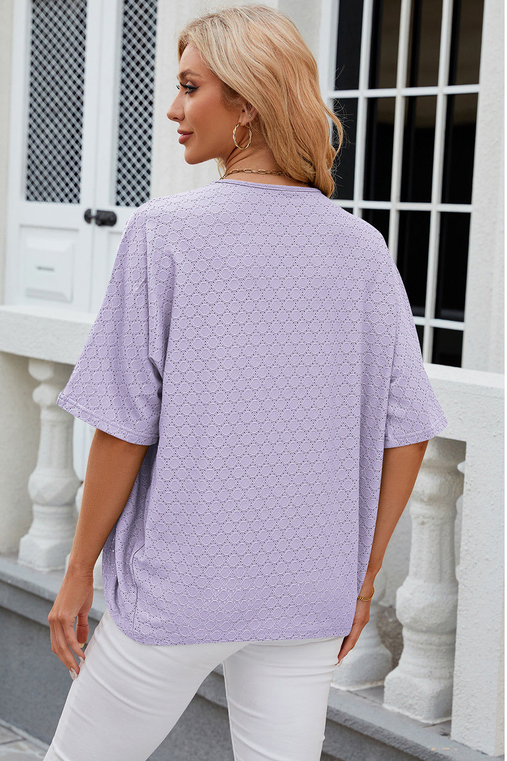 Lavender open-front crochet kimono sleeve top with allover circular pattern.