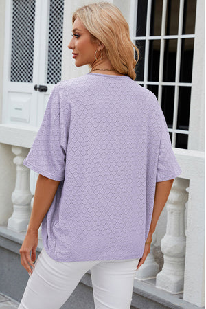 Lavender open-front crochet kimono sleeve top with allover circular pattern.
