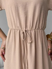 Casual Drawstring Waist Midi Dress in Deep Rose, back view