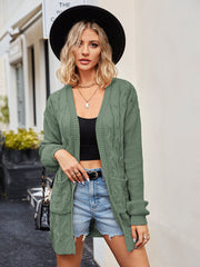 Sage cable knit longline cardigan with pockets and open front, acrylic.