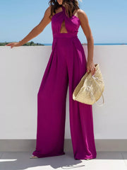 Halter Neck Cut-out Wide-leg Jumpsuit in Sage, front view