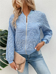 Light blue textured mesh bomber jacket with a checkered pattern and zip closure.