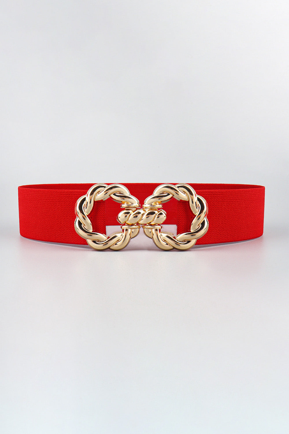 Red stretch belt with gold braided knot buckle detail
