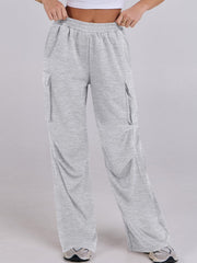Light gray sweatpants with cargo pockets and a wide leg fit.