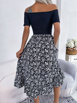 Black off-shoulder midi dress with a white floral print skirt and short sleeves.