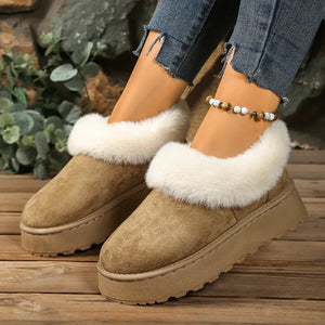 Khaki fuzzy trim platform slippers with chunky sole