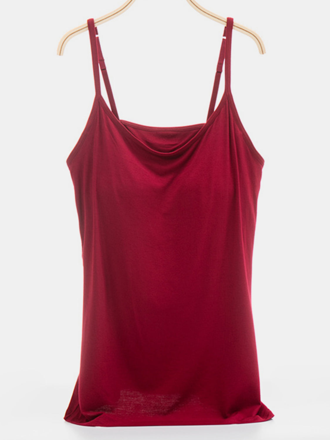 Soft-cup cami in wine with adjustable straps and cowl neckline.
