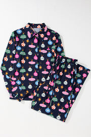 Navy blue lounge set with festive bauble print, long sleeves, collared shirt and drawstring pants.