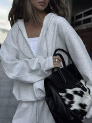 Oversized Zip-up Hoodie And Wide-leg Pants Set in Brown, back view