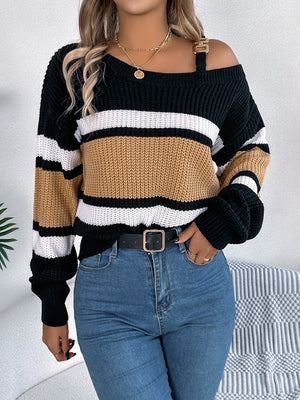 Asymmetric stripe knit sweater with shoulder detail in camel, black, and white acrylic.