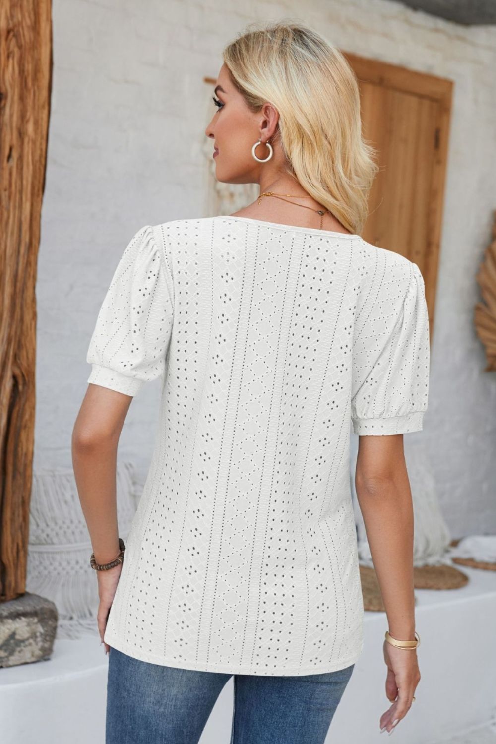 White perforated puff sleeve henley blouse with eyelet detail