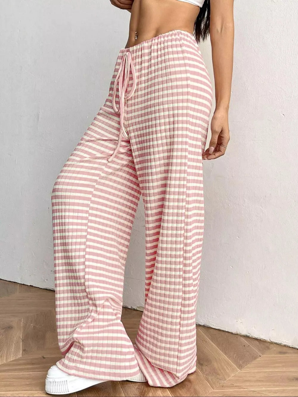Pink striped ribbed wide-leg pants with drawstring waist