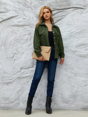 Olive green corduroy button-up jacket with two chest pockets and a collared neckline.