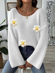 White knit sweater with floral appliqués and bell sleeves