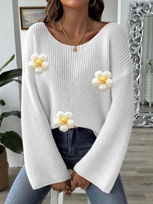 White knit sweater with floral appliqués and bell sleeves