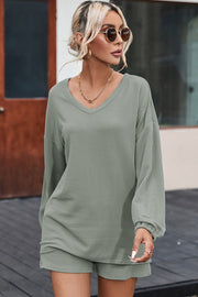 Sage ribbed V-neck long sleeve top and shorts outfit set