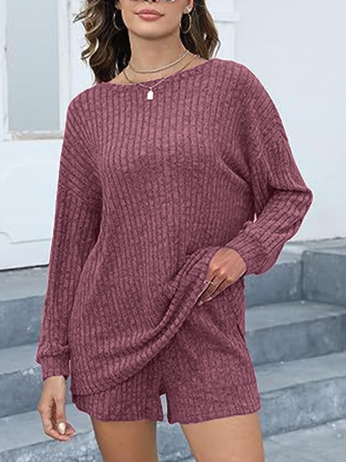 Deep purple ribbed knit lounge set with long sleeves and shorts, featuring pockets.