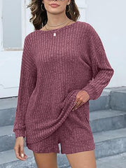 Deep purple ribbed knit lounge set with long sleeves and shorts, featuring pockets.