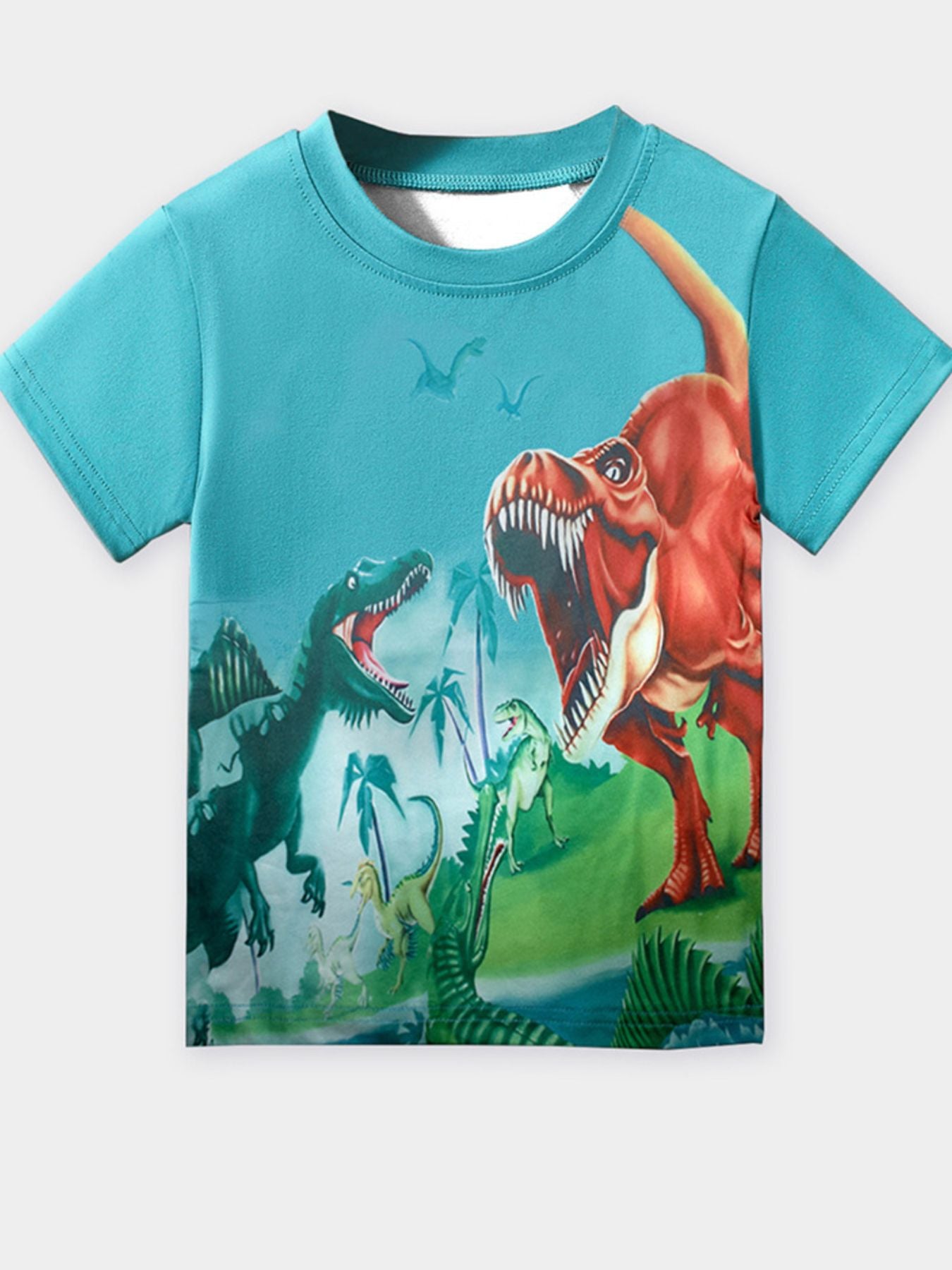 Toddler crewneck t-shirt with a colorful dinosaur adventure print on a blue background.