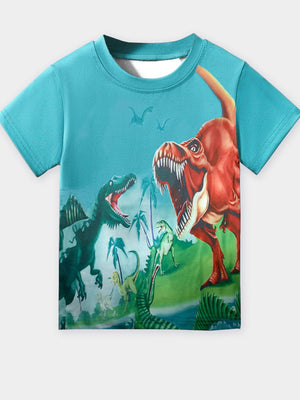 Toddler crewneck t-shirt with a colorful dinosaur adventure print on a blue background.