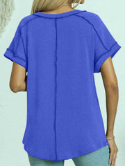 Blue ribbed V-neck tee with contrast stitching and cuffed short sleeves.