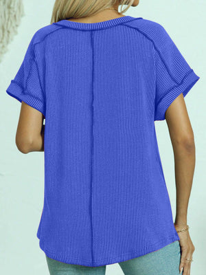 Blue ribbed V-neck tee with contrast stitching and cuffed short sleeves.