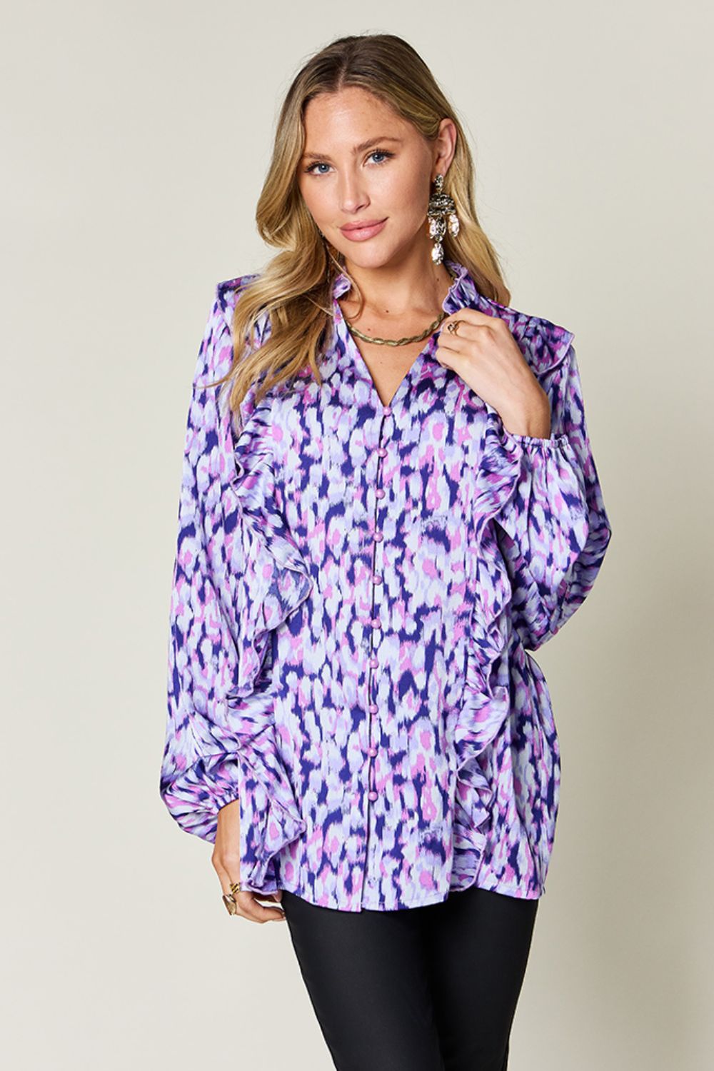 Blue purple ethereal print ruffle front blouse with balloon sleeves.