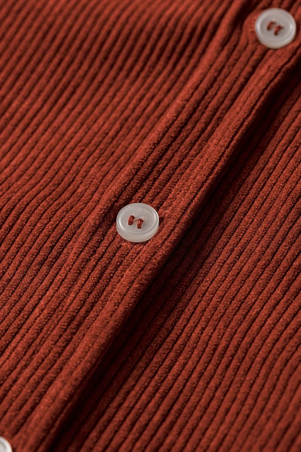 Long Sleeve Button Down Corduroy Midi Dress in Rust, fit detail