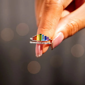 Rainbow prism stacked sterling ring set with baguette gemstones and textured band.