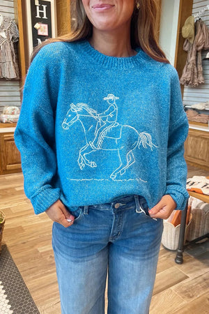 Western Embroidery Drop Shoulder Sweater in Sky Blue, back view