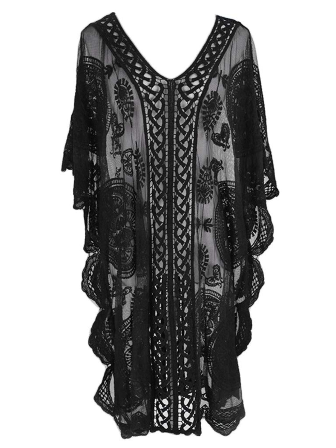 Black lace cover-up with openwork detailing and V-neckline.