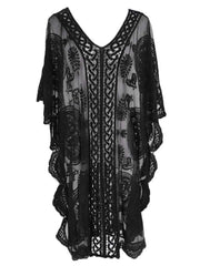 Black lace cover-up with openwork detailing and V-neckline.