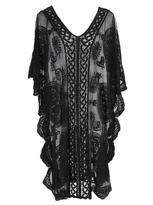 Black lace cover-up with openwork detailing and V-neckline.