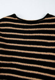 Black and tan horizontal stripe slouchy knit jumper with crew neck.