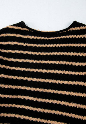 Black and tan horizontal stripe slouchy knit jumper with crew neck.