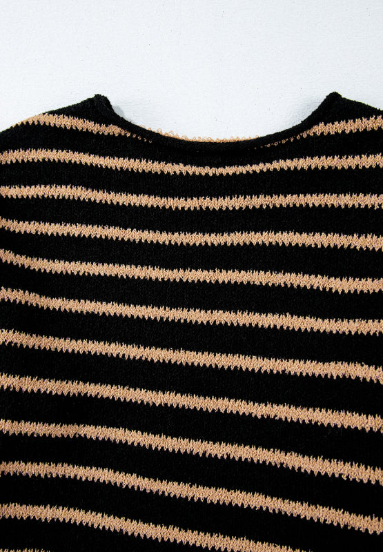 Black and tan horizontal stripe slouchy knit jumper with crew neck.