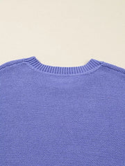 Plus size lavender knit sweater with crew neck and ribbed trim.