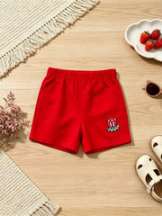 Red baby shorts with patriotic hat embroidery and elastic waist.