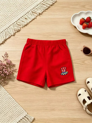 Red baby shorts with patriotic hat embroidery and elastic waist.