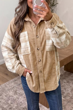 Plaid Colorblock Shirt Collar Shift Shacket in Camel, side view